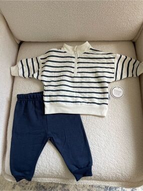 New Badgley Mishka White and Navy Striped Quarter-Zip Set 6-9M Baby Boy